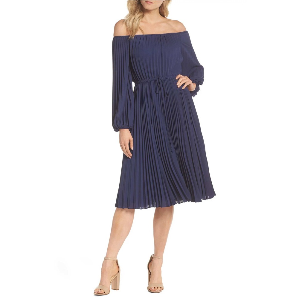 Gal Meets Glam Womens Modern Classic Off-Shoulder Pleated Silky Dress Midi 18